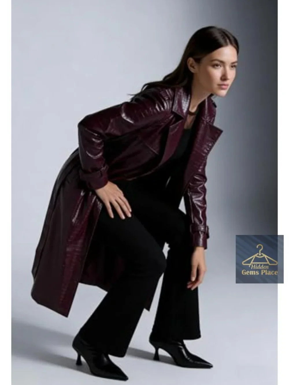 Womens Long Faux Leather Trench Coat with Belt